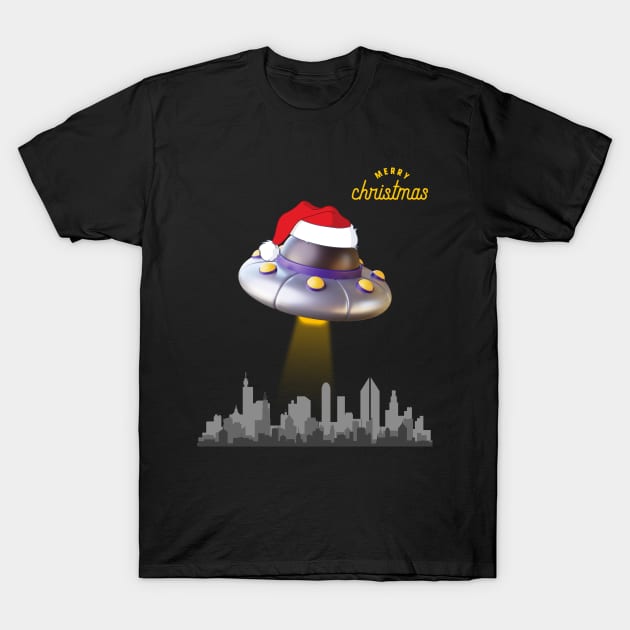 Alien Spaceship Wearing Santa Cap on Christmas Eve | UFO Sighting | Merry Christmas T-Shirt by Cosmic Story Designer